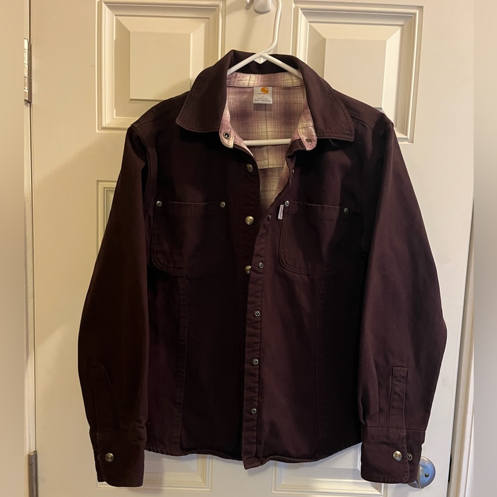 Vintage Women’s Carhartt Brown Canvas Flannel Lined Shirt Jacket.  Size Large.